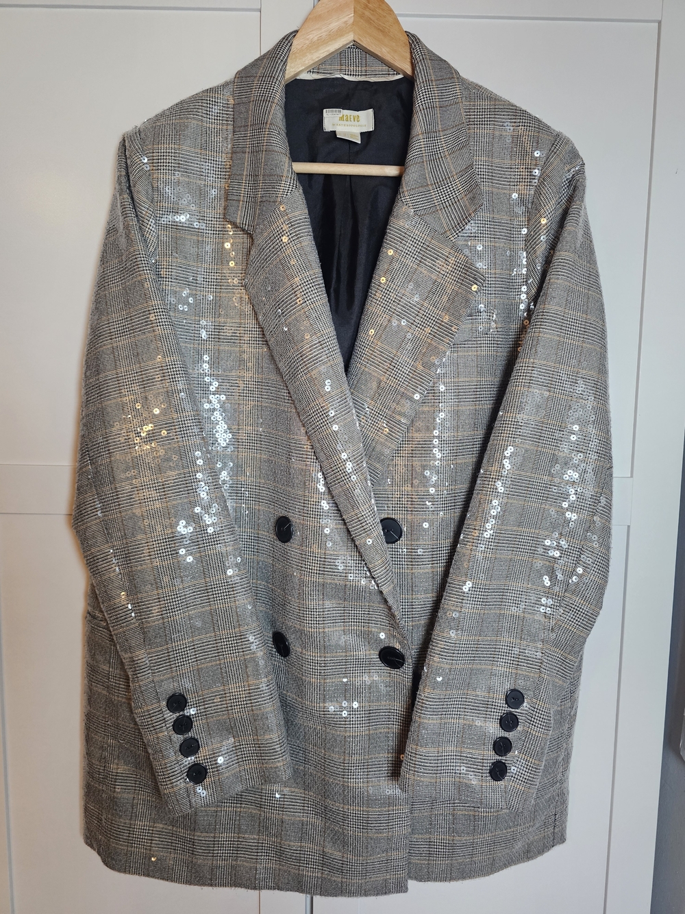 Maeve by Anthropologie Sequin Plaid Double Breasted Blazer Jacket Grey US 12
